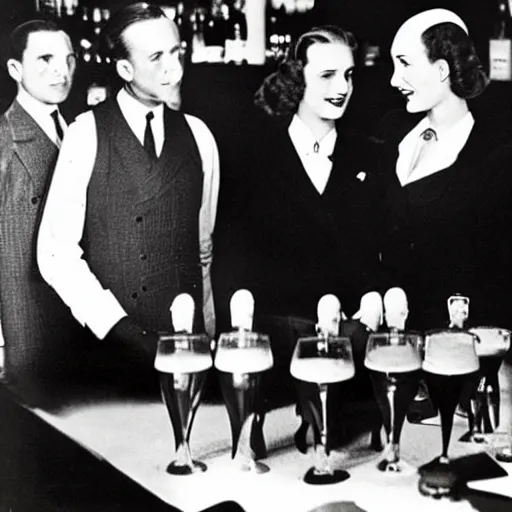 Image similar to business people standing at the bar in 1 9 4 0, top hats, business suits, beer, art deco style, simple shapes