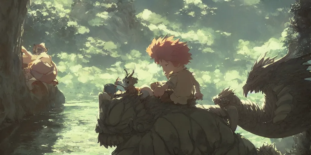 Image similar to a dwarf and his small pet dragon drinking a beer together | sharp contrast | by greg rutkowski makoto shinkai takashi takeuchi studio ghibli