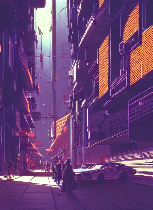 Image similar to photo of cyberpunk school, scifi, bright light, busy street, morning sun, interesting angle, 8 k high definition, insanely detailed, art by syd mead and masamune shirow