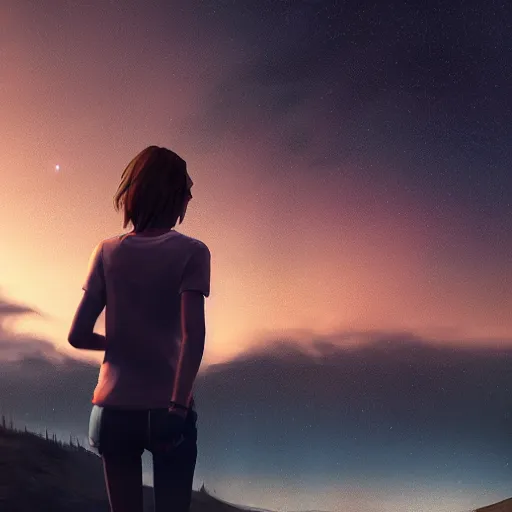 Image similar to max caulfield looking at beautiful sky at night, intricate, youth, artstation, life is strange, edouard caplain, ue 5, highly detailed, 8 k, landscape, beeple, jessica rossier