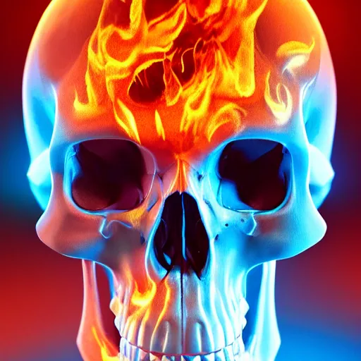 Prompt: a highly detailed human skull with intricate designs with fire for eyes on fire in front of a neon blue background, 3 d, colorful, octane render, symmetrical, hyper realism, highly detailed, digital art, artstation, concept art, cinematic lighting, strong bokeh, trending