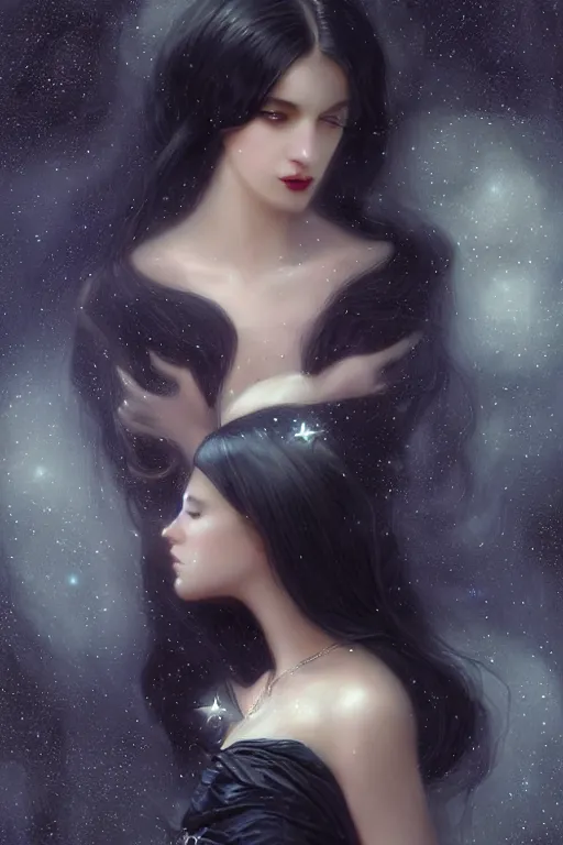 Prompt: Nocturne, glowing, stars, a long-legged elegant evil woman, long black hair, pearl amulet, highly detailed, mysterious, ethereal, dressed in black velvet, haute couture, illustration, dramatic lighting, soft details, painting, by Edmund Blair Leighton, Brom, Charlie Bowater, trending on artstation, faces by otto schmidt