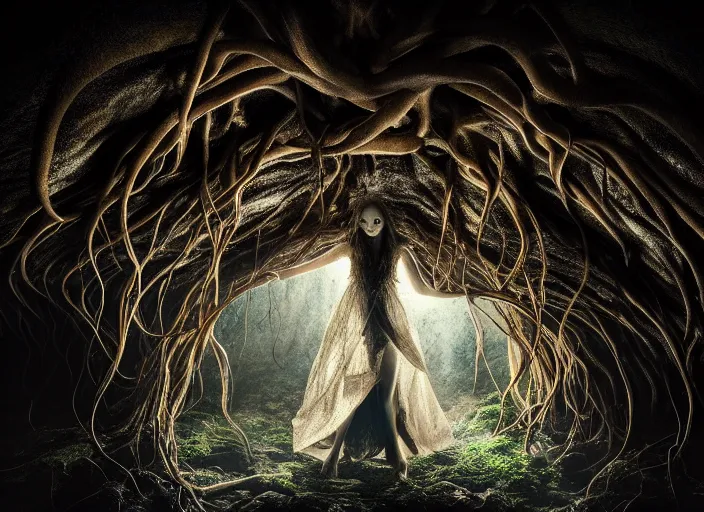 Prompt: photo of roots growing down from a ceiling in an underground cavern wrapped around a woman. Fantasy magic horror style. Highly detailed 8k. Intricate. Nikon d850 55mm. Award winning photography. Nekro