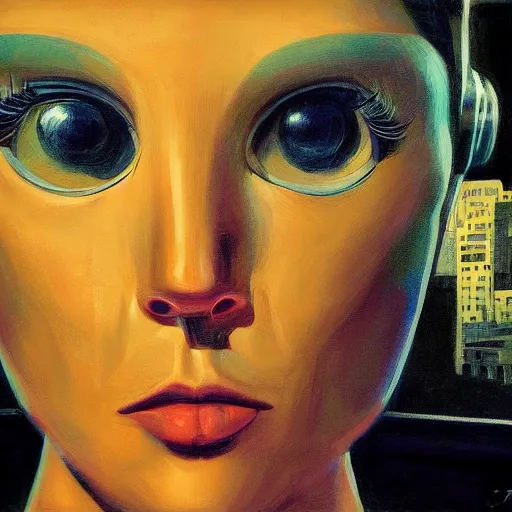 Prompt: detailed face of a woman, clockwork, moment, tectonic sky, skydome, bullet train, turbines, utopian, tech noir, wet reflections, prism, atmospheric, ambient, pj crook, syd mead, marcus beccari, edward hopper