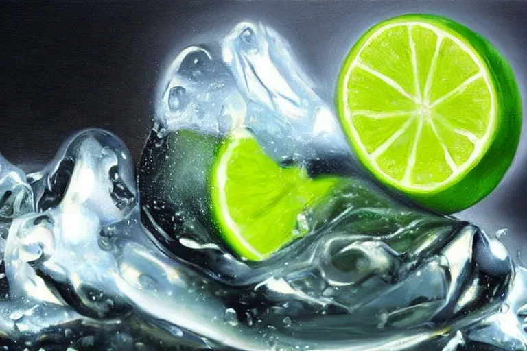 Image similar to award winning ultra - realistic!!! oil painting of an ice cube starting to melt next to a lime wedge!!!!, black!!! background