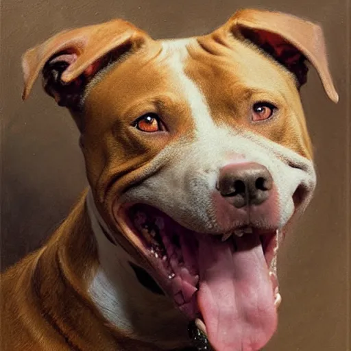 Image similar to a portrait of a pitbullwoman smiling at the viewer. highly detailed painting by gaston bussiere, craig mullins, j. c. leyendecker 8 k