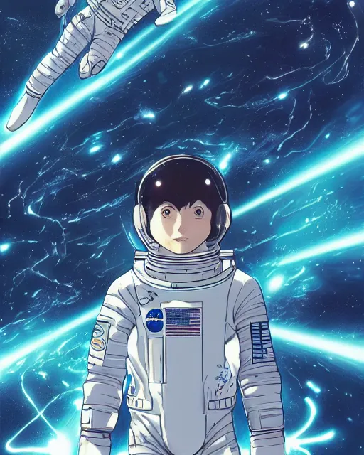 Prompt: astronaut floating in space, cybernetic enhancements, art by makoto shinkai and alan bean, yukito kishiro