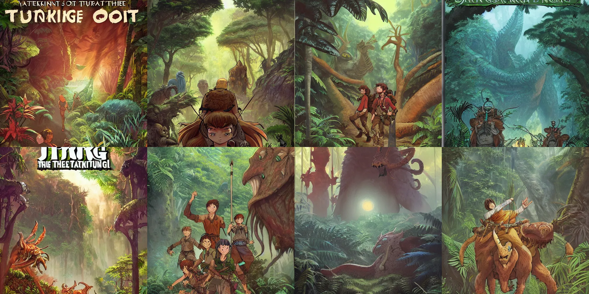 Prompt: trekking through the jungle to hunt a powerful creature needed for a ritual, D&D illustration, trending on artstation, book cover spread, by Miyazaki, Nausicaa Ghibli