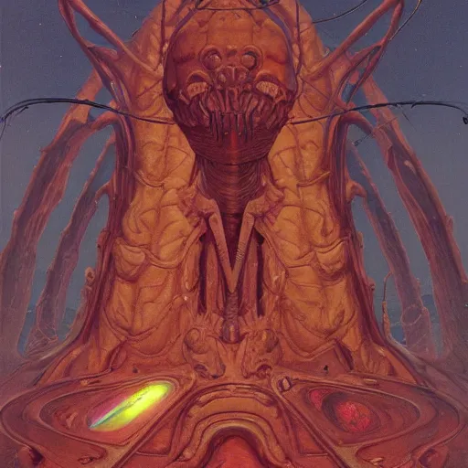 Prompt: painting of an alien spaceship made of flesh and exoskeleton, in the style of wayne barlowe