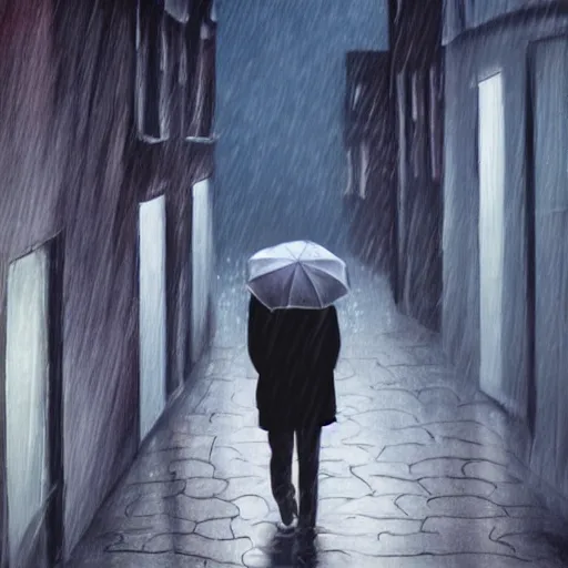 Prompt: a picture of a lonely sad sobbing person walking along a narrow street, the street is surrounded by tall buildings, 90 century, realistic, sad mood, rain, at dusk