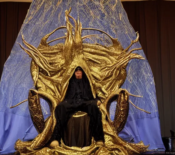 Image similar to the gold cloak enitty sits on the lovecraftian throne H 576