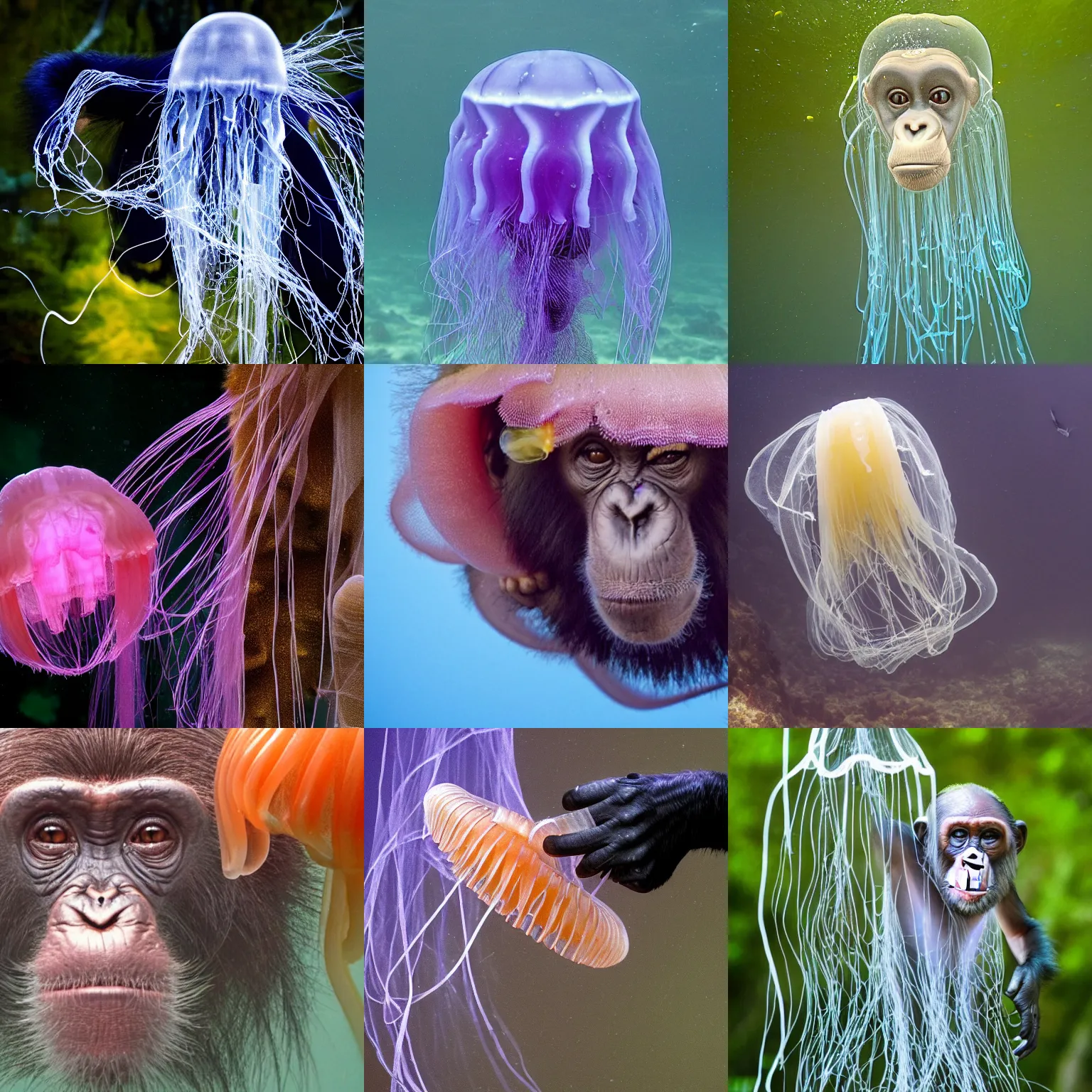 Prompt: a chimpanzee-jellyfish-jellyfish-jellyfish, wildlife photography