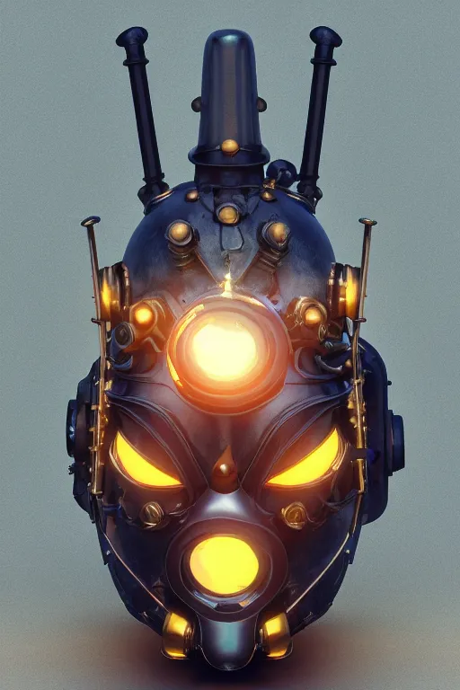 Image similar to steampunk mask minimalist fantasy art robot ninja helmet, global illumination ray tracing hdr fanart arstation by sung choi and eric pfeiffer and gabriel garza and casper konefal radiating a glowing aura