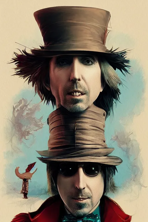 Image similar to tom petty as the mad hatter, contrast, kim jung gi, greg rutkowski, zabrocki, karlkka, jayison devadas, trending on artstation, 8 k, ultra wide angle, zenith view, pincushion lens effect