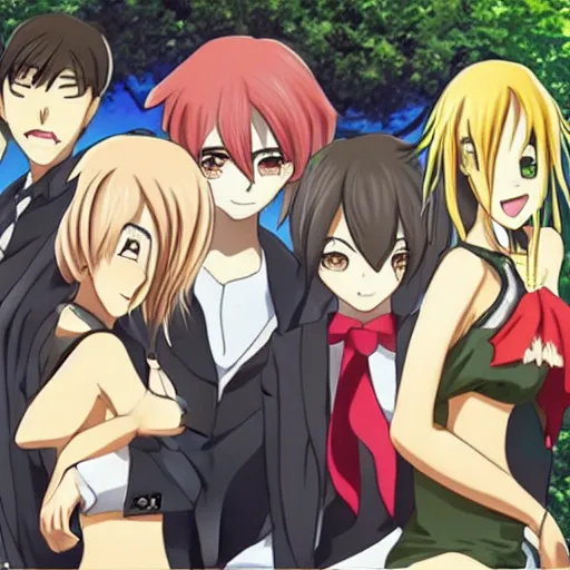 Image similar to anime boy with a harem