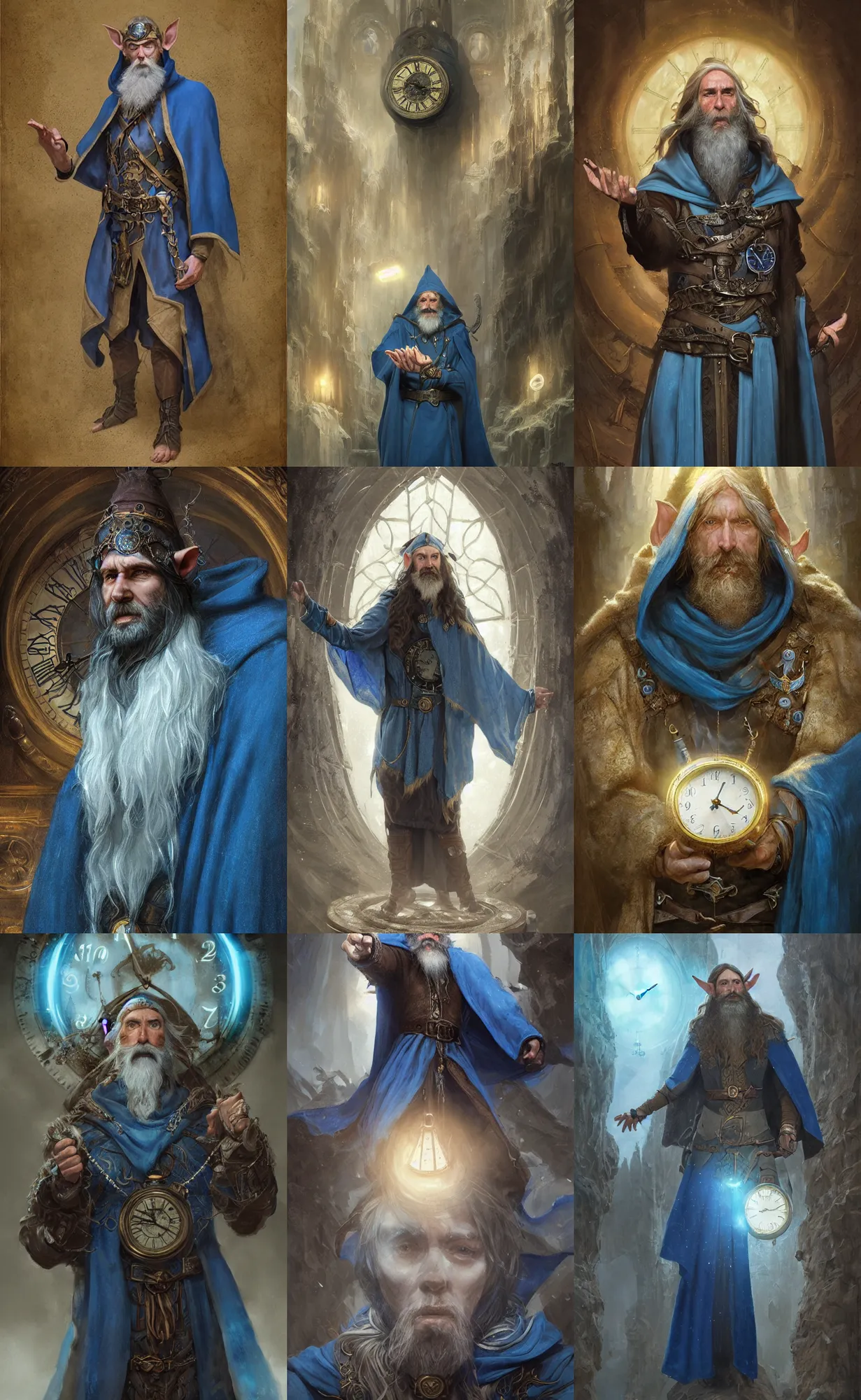 Image similar to portrait of a middle aged elf with a long beard, dressed in a blue cloak with clock iconography, brown hair, raised hand, detailed face, fantasy, highly detailed, cinematic lighting, digital art painting by greg rutkowski