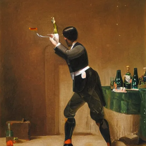 Image similar to oil painting by james gilray of a man opening a bottle of champagne with a sword.