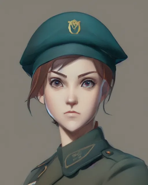 Image similar to portrait bust of young woman with shoulder length light brown hair and hazel eyes dressed in a sharp dark teal military uniform and beret, anime, ilya kuvshinov, greg rutkowski, ross tran, concept art, digital painting