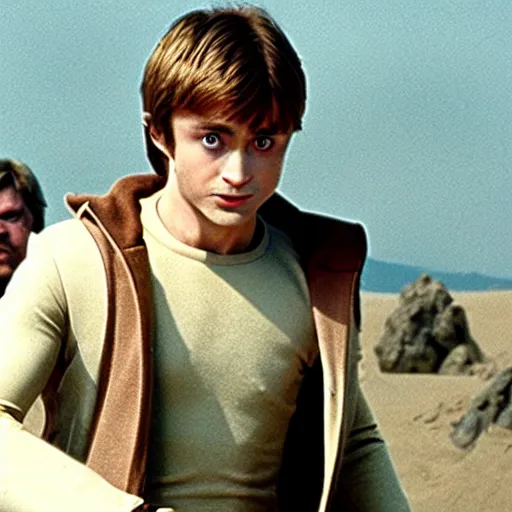 Image similar to film still of Daniel Radcliffe as Luke Skywalker in Star Wars 1977