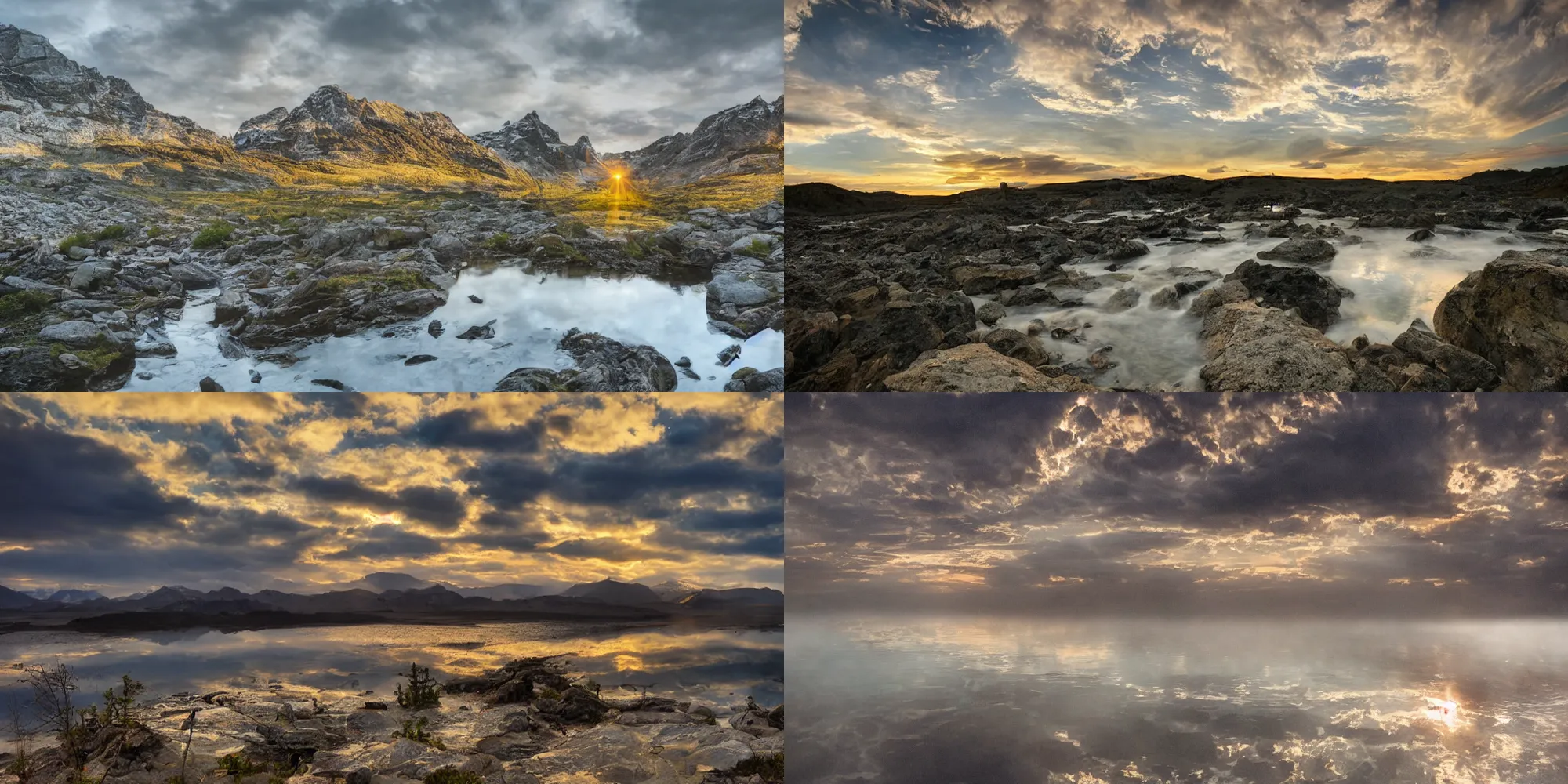 Prompt: mountain sunset over water, reflections, crepuscular rays, long exposure