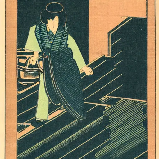 Image similar to japanese woodblock print of a vacuum cleaner