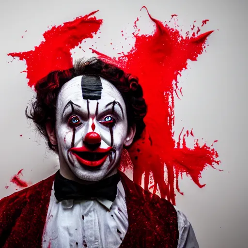 Image similar to creepy image of a clown with red paint dripping down his face