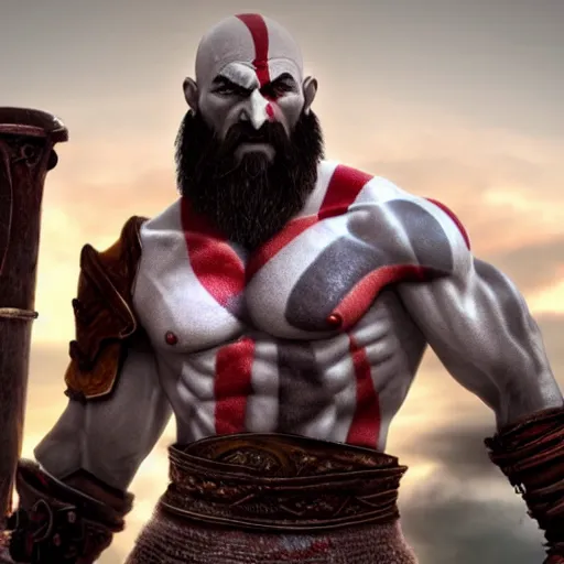 Image similar to Kratos from god of war standing in front of a mcdonalds