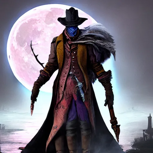 Image similar to an ultradetailed 3 d illustration of the hunter from bloodborne dressed as darkwing duck, let's get dangerous, in the style animation of darkwing duck, digital art, dark fantasy, concept art, soulslike, by alphonse mucha, blood moon eclipse, ominous night mist, unreal engine, octane render, artstation, 8 k