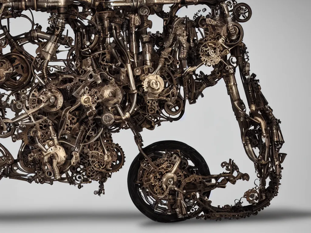 Prompt: a steampunk superbike with intricate engine mechanical parts, product photography,
