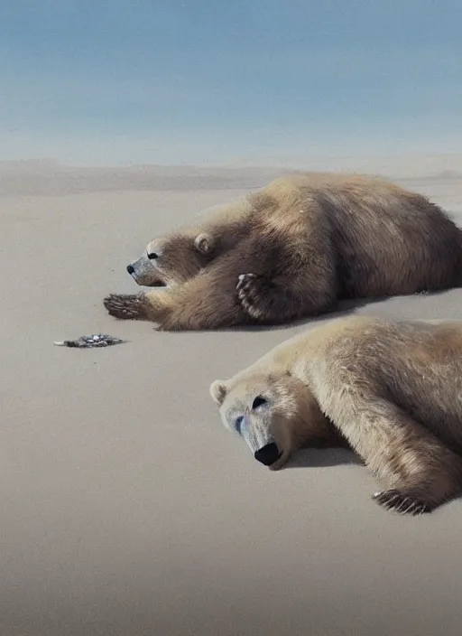 Image similar to dying polar bear on a desert, by greg rutkowski, trending on artstation, masterpiece