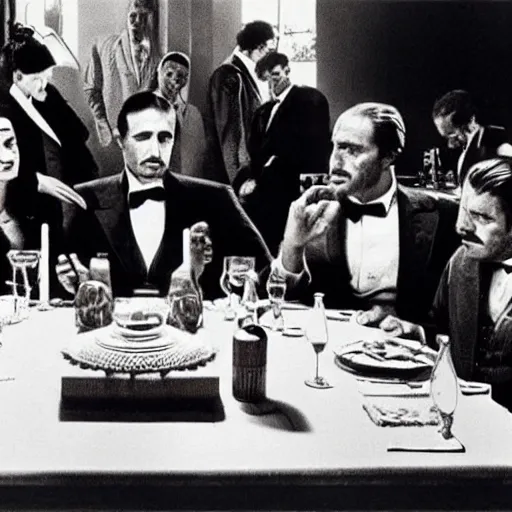 Prompt: the last supper in the godfather movie, Jesus wearing suit, intense scene