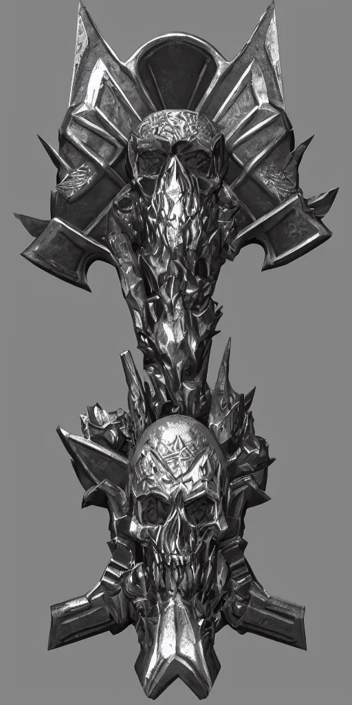 Image similar to a black and silver axe skull crest, ornament, dwrven weapon, by dom qwek, trending on polycount, artstation, hard surface modeling