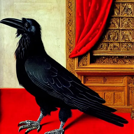 Image similar to a highly detailed painting of a raven, dressed in elegant tudor clothes, inside a room with thick red tapestries, by hans holbein