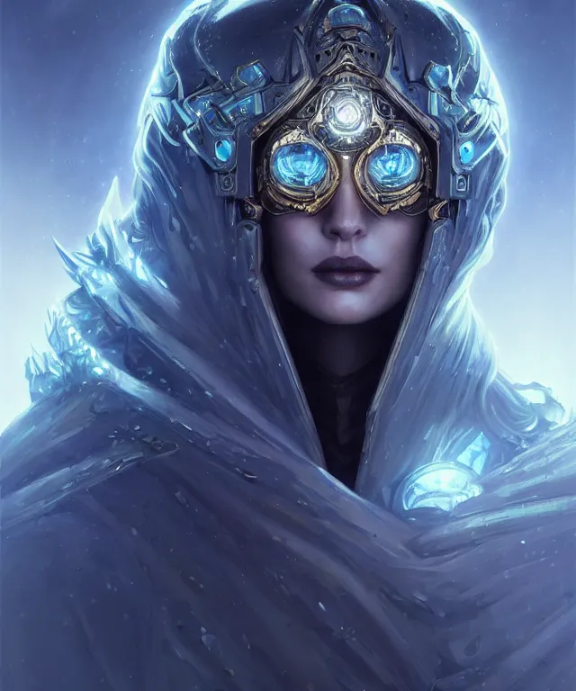 Image similar to futuristic lich king portrait, sci-fi, amber eyes, face, long hair, fantasy, intricate, elegant, highly detailed, digital painting, artstation, concept art, smooth, sharp focus, illustration, art by artgerm and greg rutkowski and alphonse mucha