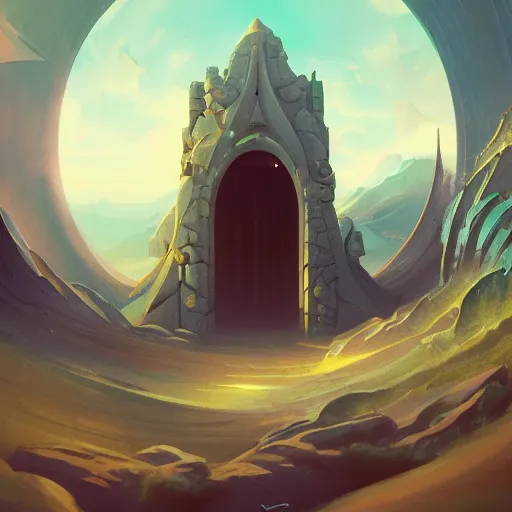 Prompt: highly detailed peter mohrbacher illustration of a stargate made of stone that forms a circle, cinematic view, epic sky, octane render 8k hq trending on artstation cgsociety