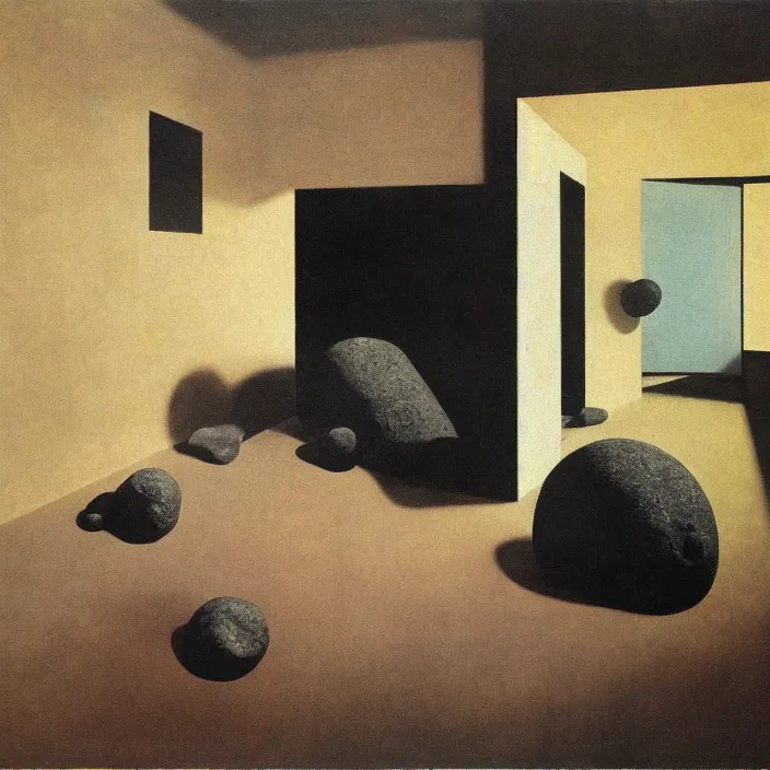 Image similar to the giant boulder, dark obsidian rock of ages filling up the interior of a mid - century modern home. painting by hammershoi, karel thole, bonnard, bekinski