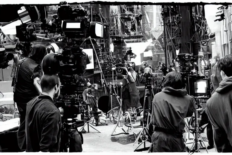 Prompt: Cinematography a behind the scenes shot from matrix movie. Hollywood. Camera crew. Keanu reeves. Watchowsky brothers. Cinema. by Emmanuel Lubezky