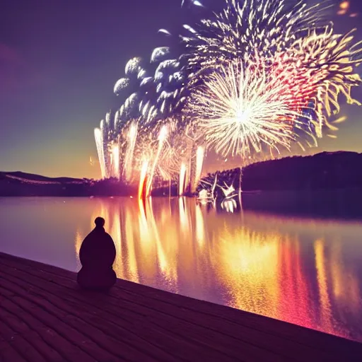 Image similar to lovebird watching fireworks show at a lake, reflective, sunny day, landscape photography, nature, stones