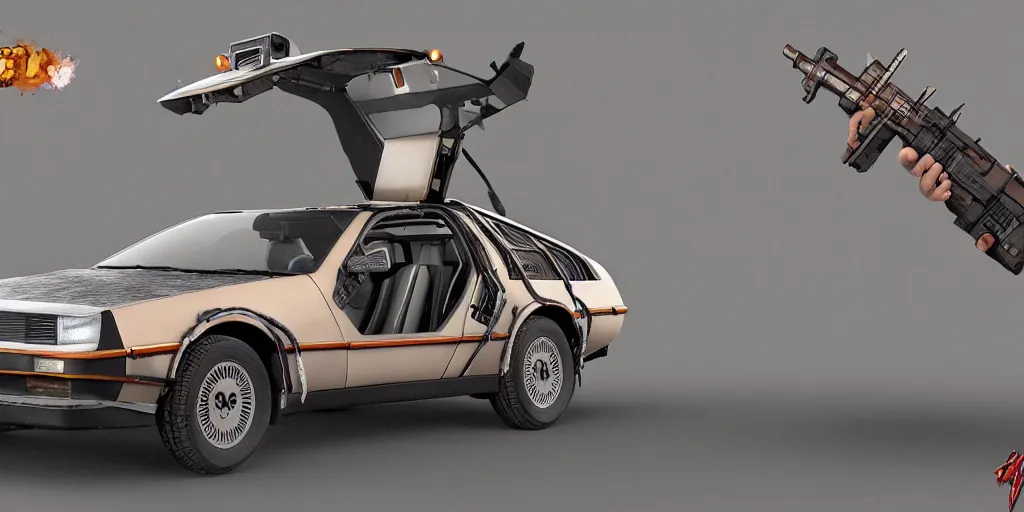 Image similar to a rusty delorean in the style of madd maxx with attached weapons