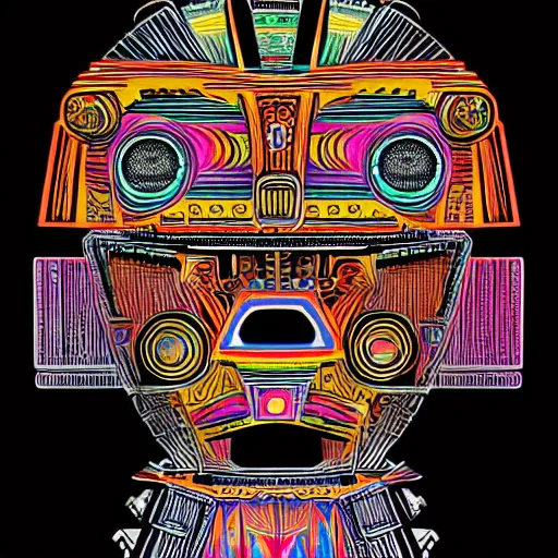 Image similar to hyperdetailed portrait of a aztec futurism punk robot head, 8 k, symetrical, flourescent colors, halluzinogenic, multicolored tshirt art, black background