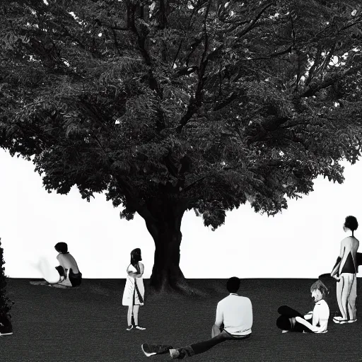 Image similar to a group of people in a park staring up at a gigantic tree, professional monochromatic artwork