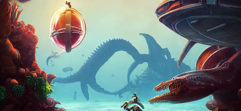 Image similar to tactical diver carrying a large prehistoric egg being chased by an alien leviathan surrounded by strange sunken ruins, in the style of subnautica and bioshock, a digital illustration by by jordan grimmer, trending on artstation, ray tracing on, unreal engine