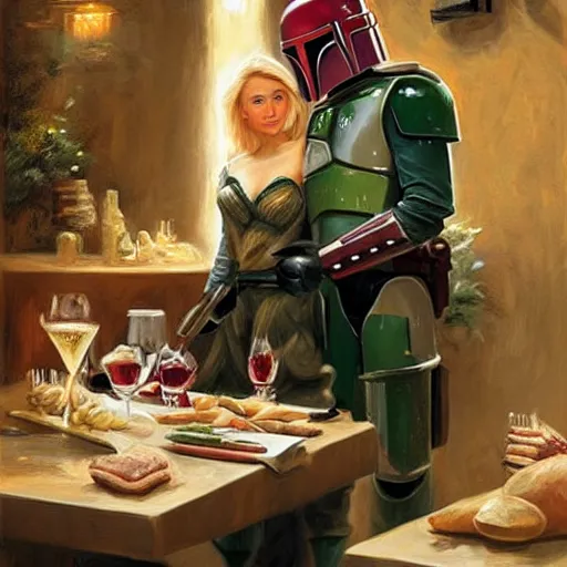 Image similar to (Boba Fett) and a beautiful young blonde drinking beer in a wine cellar, food, meat, schnapps, torches on the wall, romantic, inviting, cozy, painting by Vladimir Volegov