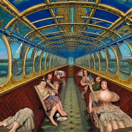 Image similar to clear detailed painting of the inside of the ornate underwater train to atlantis, various weird and wonderful characters sat down, by william powell frith and and frederic leighton, ultra wide angle, 4 k