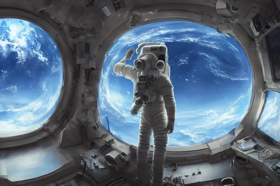 Prompt: rendering of a scene with an astronaut looking at earth through the window of his spaceship by makoto shinkai and thomas kinkade, fantasy matte painting, trending on cgsociety and unreal engine, light effect, highly detailed, super wide angle