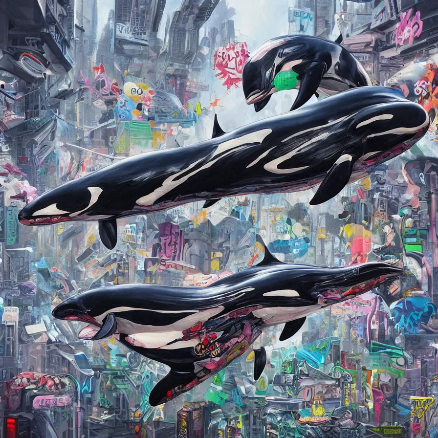 Image similar to an anatomical oil painting of an Orca covered in graffiti, flying through a cyberpunk city from a medical journal by Nychos and Ross Tran, highly detailed, high detail, 8k,