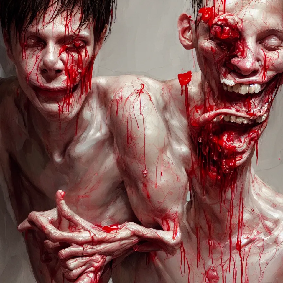 Image similar to bright realistic anorexic man puking blood and smiling franticly, apartment, rotten flesh, diffuse lighting, fantasy, intricate, elegant, highly detailed, lifelike, photorealistic, digital painting, artstation, illustration, concept art, smooth, sharp focus, art by francis bacon and jenny saville