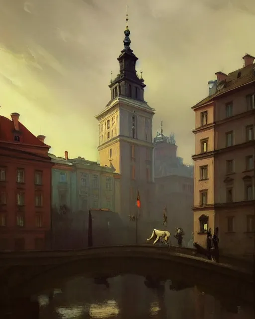 Prompt: the city of warsaw, poland. fantasy art by greg rutkowski, gustave courbet, rosa bonheur, edward hopper. faithfully depicted architecture, realistic, sharp focus, global illumination, radiant light, detailed and intricate environment, trending on artstation