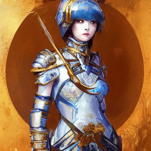 Image similar to portrait knights of Zodiac girl, Chinese Blue and white porcelain color reflected armor, in ruined Agora of Athens, ssci-fi, fantasy, intricate, very very beautiful, elegant, golden light, highly detailed, digital painting, artstation, concept art, smooth, sharp focus, illustration, art by tian zi and WLOP and alphonse mucha