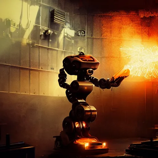 Image similar to toaster oven terminator robot, dark messy smoke - filled cluttered workshop, dark, dramatic lighting, orange tint, sparks, cinematic, highly detailed, sci - fi, futuristic, movie still